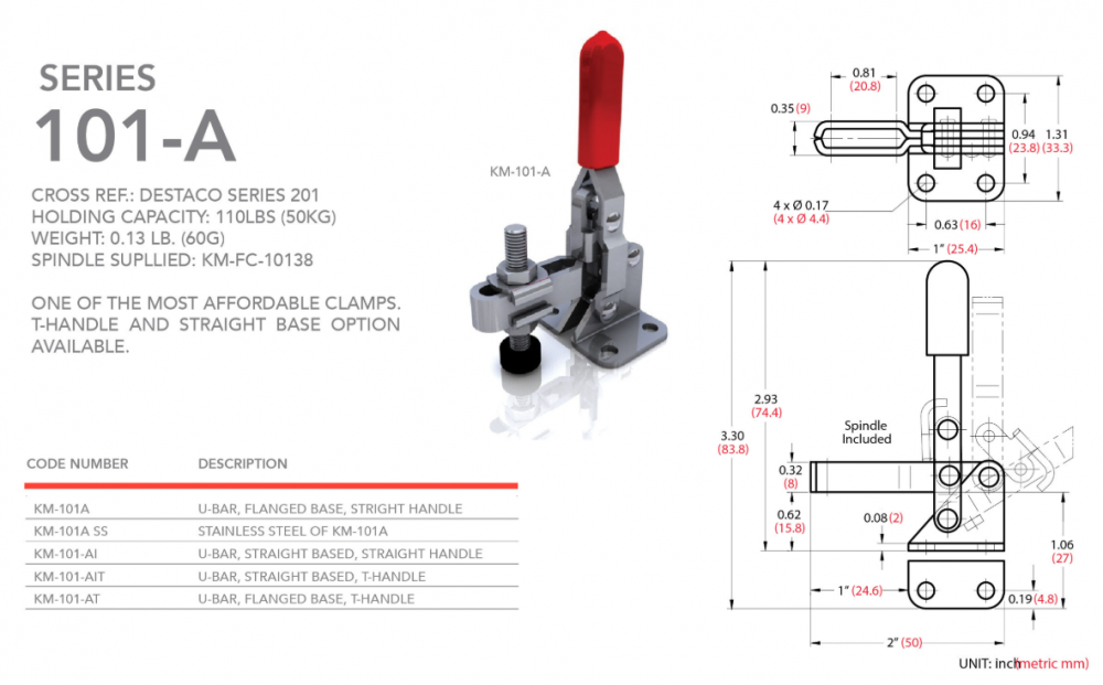 แคลมป์จับชิ้นงาน HOLKEN 101A SS Vertical toggle clamp สแตนเลส304 แรงยึด 50 kg