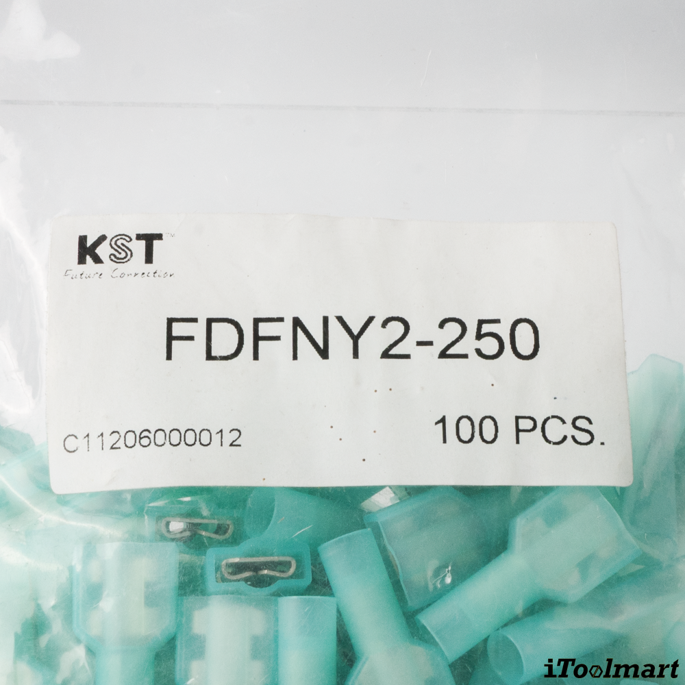 หางปลาเสียบแบนตัวเมียหัวเหลี่ยมหุ้มเต็ม KST FDFNY2 250 แบบใส สีน้ำเงิน ขนาด 2 5 mm² 100 ตัว