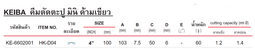 คีมปากนกแก้ว KEIBA HK D04 ขนาด 100 มม   4 นิ้ว 