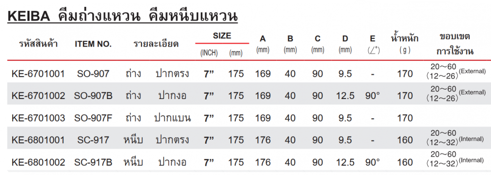 คีมถ่างแหวน KEIBA SO 907 ปากตรง ขนาด 7 นิ้ว  175 มม  