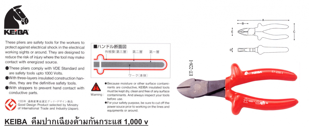 คีมปากเฉียง KEIBA ET 226I ด้ามกันกระแส 1000 โวลต์ ขนาด 180 มม 