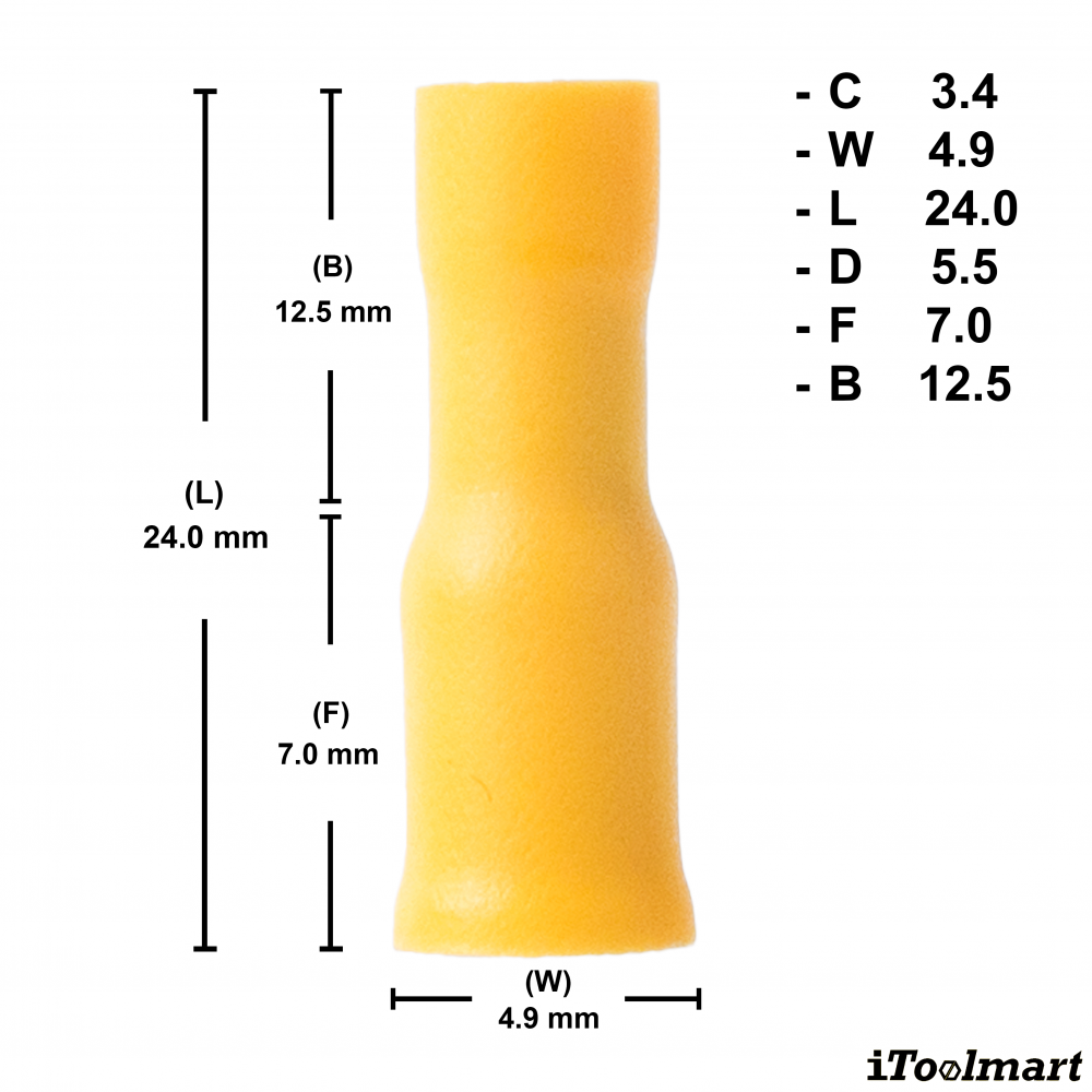 หางปลาเสียบกลมตัวเมียหุ้มเต็ม KST FRV5 195 สีเหลือง ขนาด 6 mm² 100 ตัว