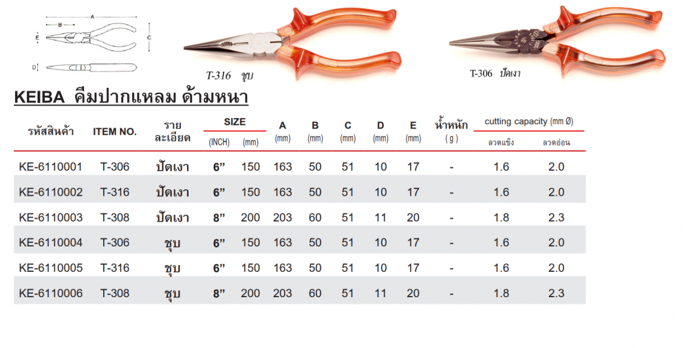 คีมปากแหลม KEIBA T 306 ด้ามหนาผิวปัดเงา ความยาว 150 มม 