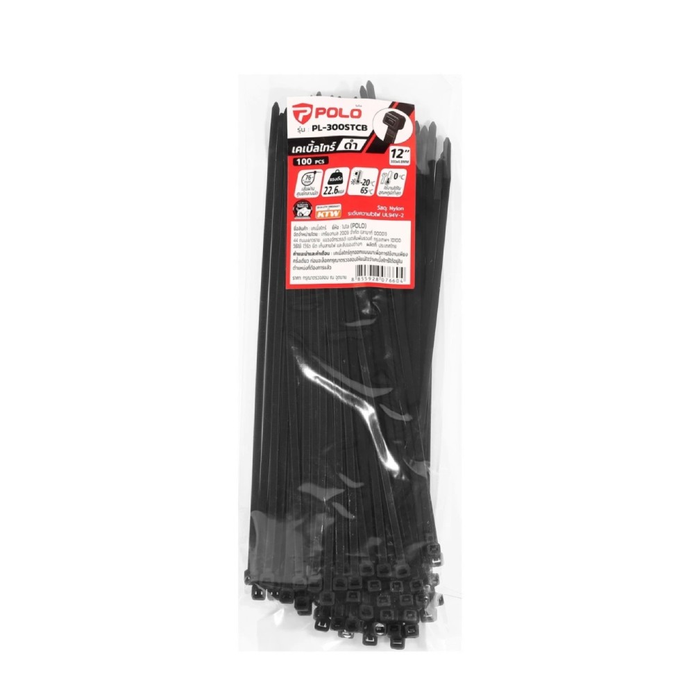 สายรัด เคเบิ้ลไทร์ สีดำ POLO PL 300STCB ขนาด 12 นิ้ว 300 x 4 8 mm  100 เส้น
