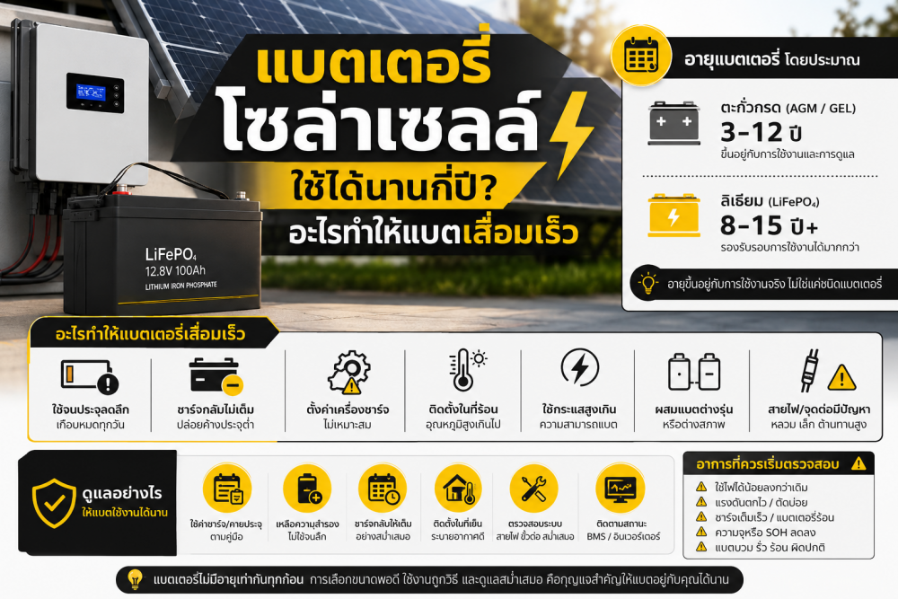 แบตเตอรี่โซล่าเซลล์ใช้ได้นานกี่ปี อะไรทำให้แบตเสื่อมเร็ว แบตเตอรี่โซล่าเซลล์ใช้ได้นานกี่ปี อะไรทำให้แบตเสื่อมเร็ว