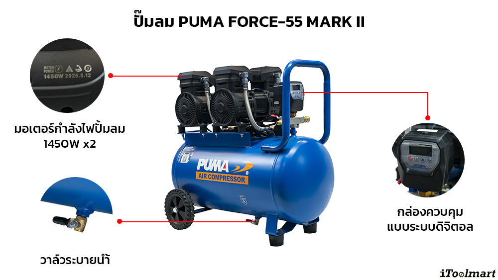 ปั๊มลม PUMA FORCE 55 MARK II ความเร็วมอเตอร์ 1450Wx2 ขนาด 55 ลิตร