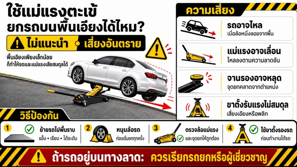 ใช้ แม่แรงตะเข้ ยกรถบนพื้นเอียงได้ไหม รวมความเสี่ยง และวิธีป้องกัน