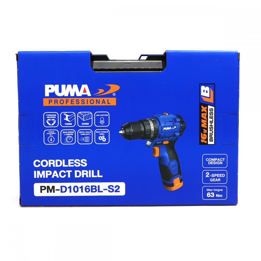 สว่านกระแทกไร้สาย PUMA PM D1016BL S2 16V ขนาด 10 มม  มอเตอร์ไร้แปลงถ่าน พร้อมแบตและแท่นชาร์จ