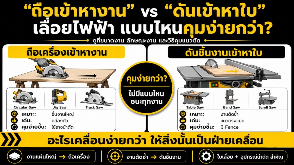 ถือเข้าหางาน หรือ ดันเข้าหาใบ เลื่อยไฟฟ้า แบบไหน คุมง่ายกว่ากัน ถือเข้าหางาน หรือ ดันเข้าหาใบ เลื่อยไฟฟ้า แบบไหน คุมง่ายกว่ากัน