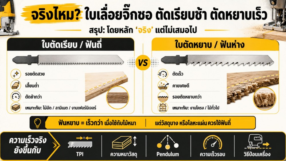 จริงไหมที่ ใบเลื่อยจิ๊กซอ แบบตัดเรียบจะตัดช้า ส่วนใบตัดหยาบ ตัดเร็ว