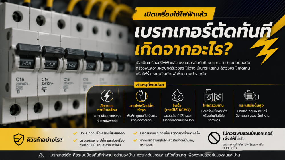 เปิดเครื่องใช้ไฟฟ้าแล้วเบรกเกอร์ตัดทันที เกิดจากอะไร เปิดเครื่องใช้ไฟฟ้าแล้วเบรกเกอร์ตัดทันที เกิดจากอะไร