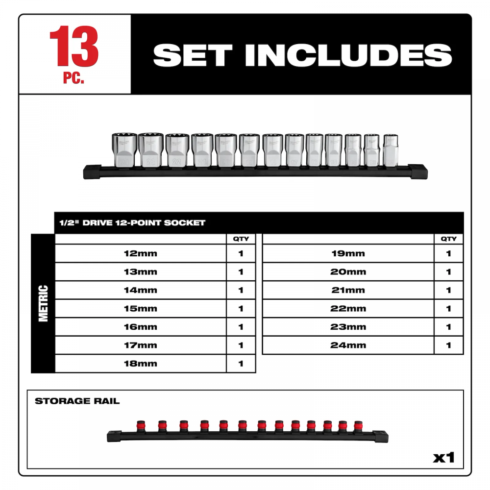 ชุดลูกบล็อก MILWAUKEE 48 22 9522 12 เหลี่ยม ขนาด 1 2 นิ้ว  13 ชิ้น 