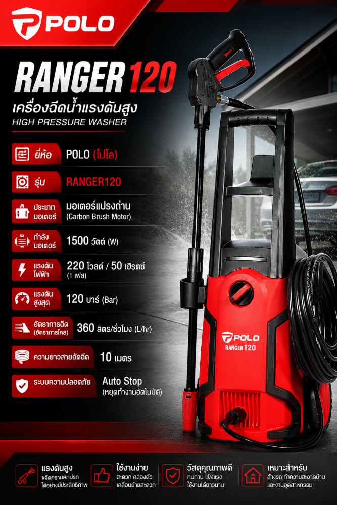 เครื่องฉีดน้ำแรงดันสูง POLO RANGER120 แรงดัน 120 บาร์ มอเตอร์ 1500 วัตต์ ระบบ Auto Stop