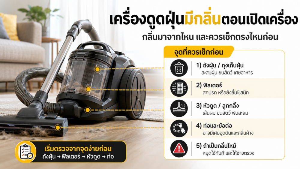 เครื่องดูดฝุ่นมีกลิ่นตอนเปิดเครื่อง กลิ่นมาจากไหนและควรจัดการตรงไหนก่อน เครื่องดูดฝุ่นมีกลิ่นตอนเปิดเครื่อง กลิ่นมาจากไหนและควรจัดการตรงไหนก่อน