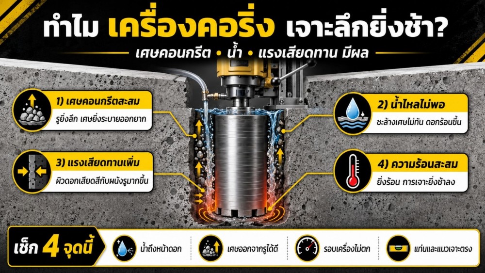 ทำไม เครื่องคอริ่ง เจาะลึกยิ่งช้า เศษคอนกรีต น้ำ แรงเสียดทาน มีผล
