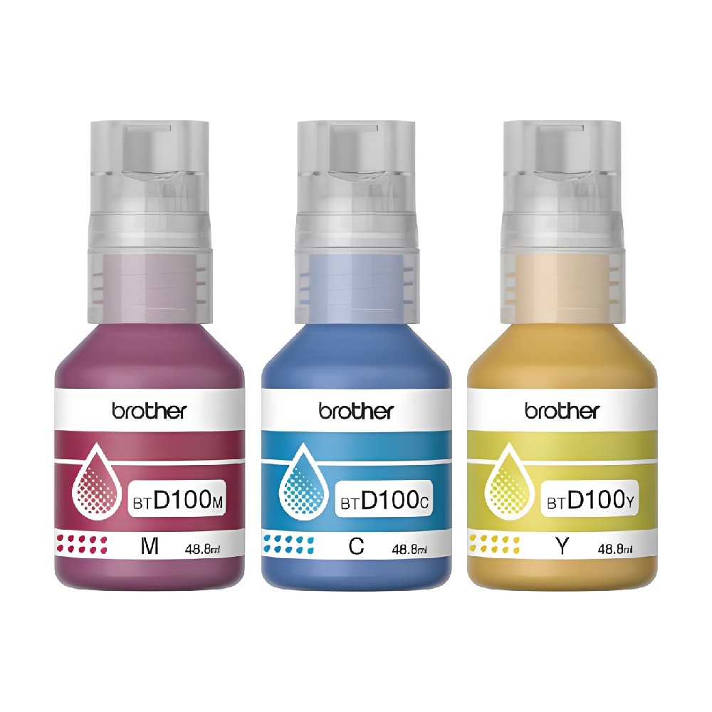 ชุดหมึกเติม Brother BT D100CL3PK สำหรับเครื่องอิงค์เจ็ท 3 สี ฟ้า ชมพู เหลือง แพ็กสีรวม