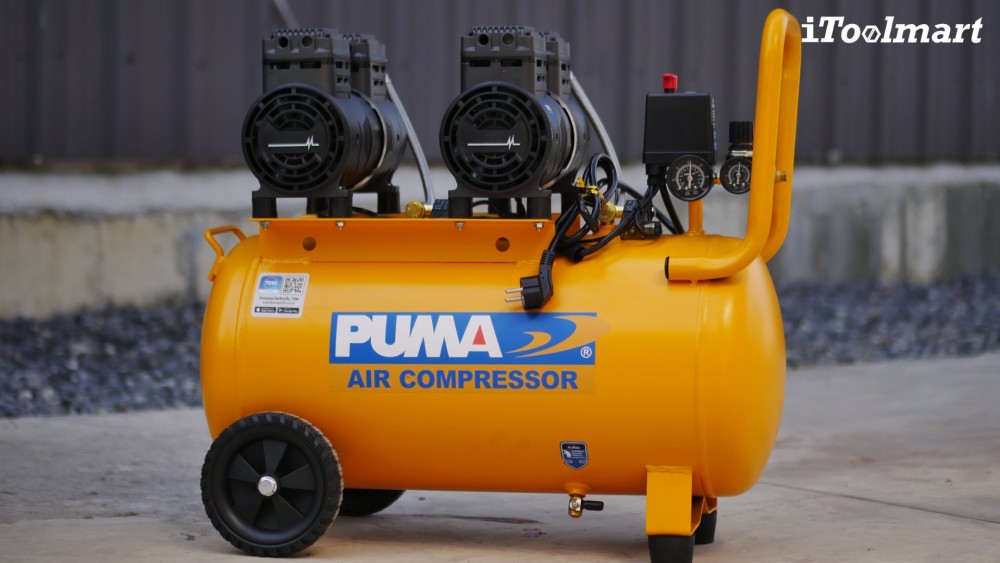ปั๊มลมชนิดเงียบ แบบไร้น้ำมัน PUMA HUSH 50 ขนาด 50 ลิตร 2HP 750W. x2