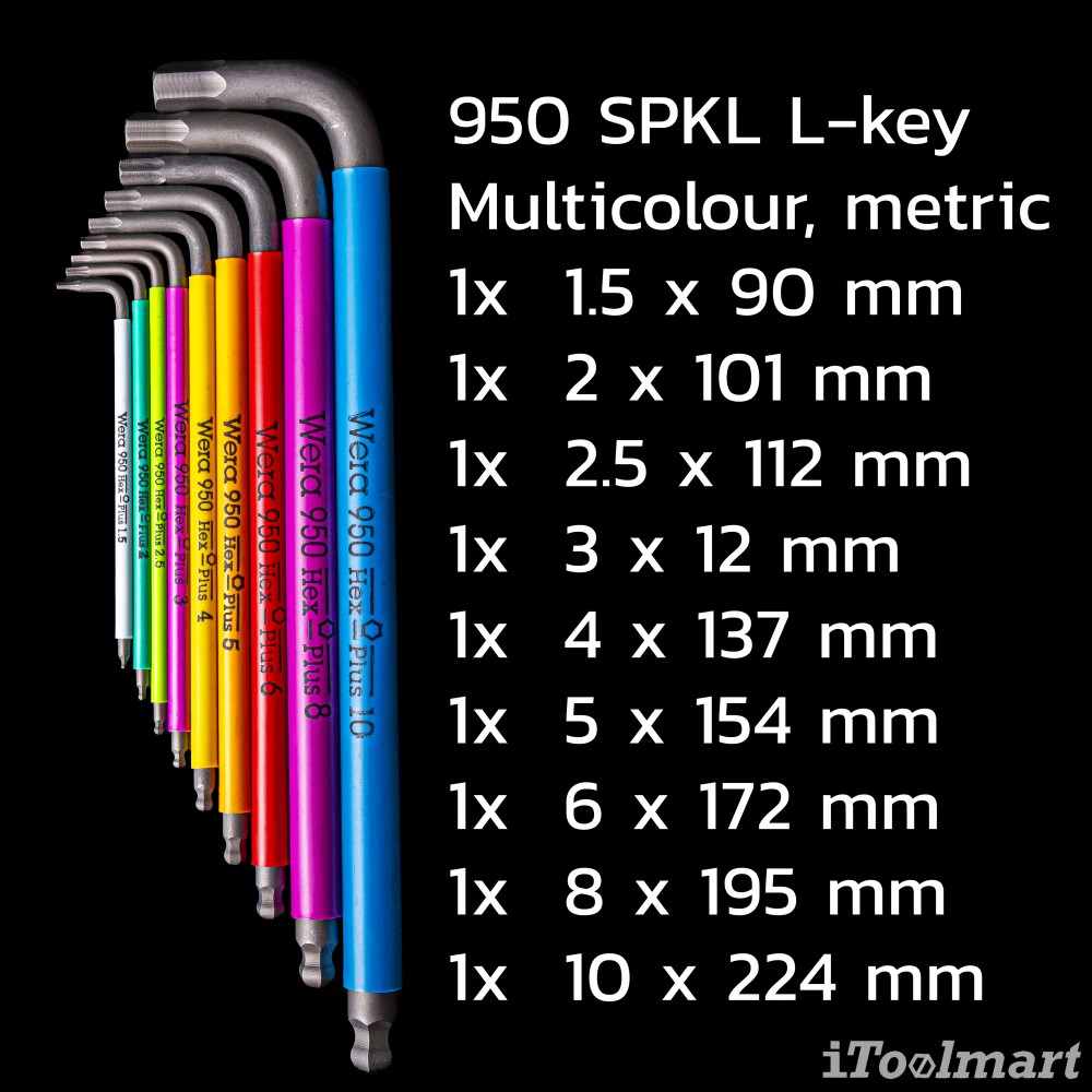 ประแจหกเหลี่ยมหัวบอล Wera 950/9 Hex-Plus Multicolour 1 SB metric BlackLaser 05073593001