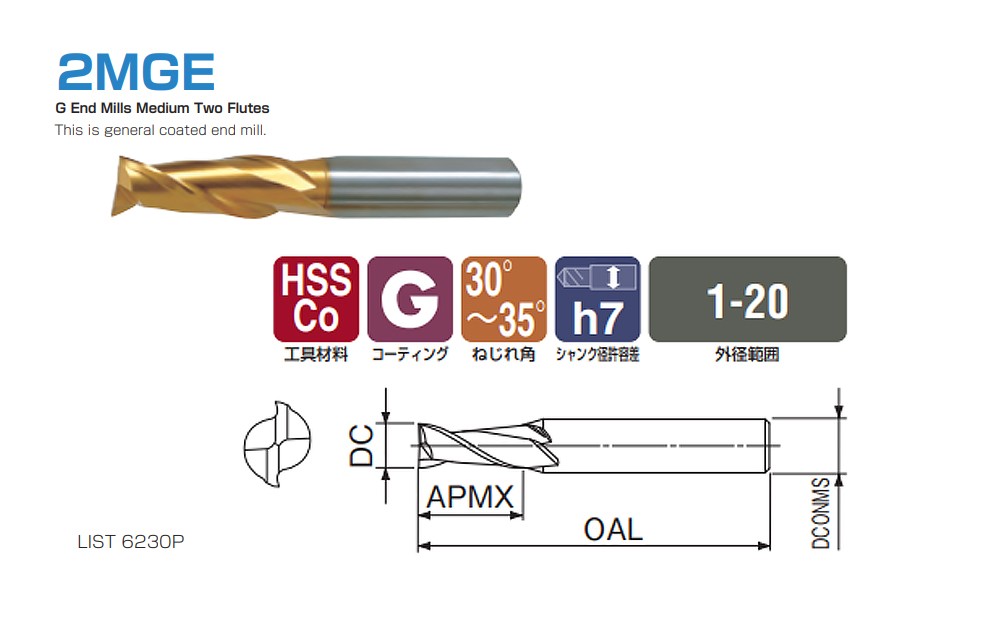 ดอกเอ็นมิลล์ 2 ฟัน รุ่น มาตรฐาน NACHI L 6230P G-End Mills Medium 2F