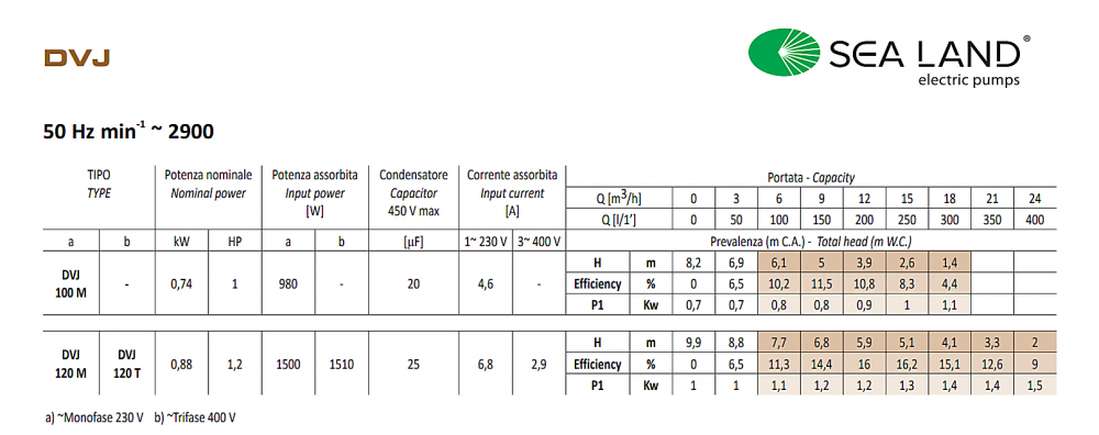 ปั๊มแช่ดูดโคลน SEALAND DVJ100 M ขนาด 2 นิ้ว แรงดัน 1HP 0.74kW 220โวลต์