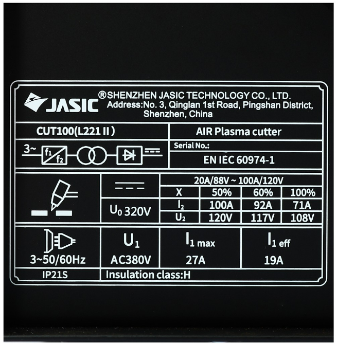 เครื่องตัดพลาสม่า ระบบอินเวิร์ทเตอร์ JASIC รุ่น CUT100L221II ไฟ 3 เฟส 380 โวลต์ ระบบป้องกัน IP21S