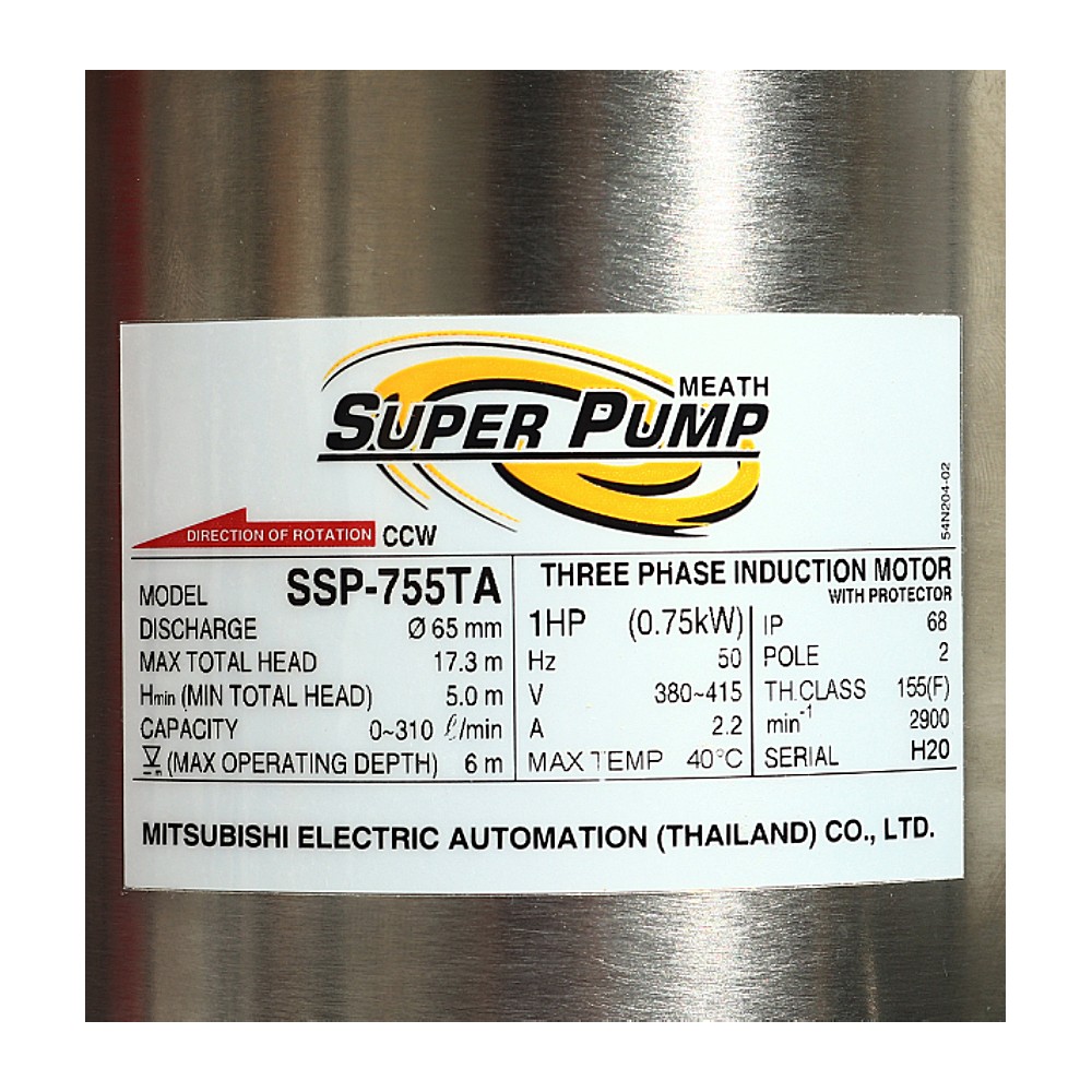 ปั๊มแช่สแตนเลส MITSUBISHI SSP-755TA มีลูกลอย ขนาดท่อ 3 นิ้ว 1HP ไฟ 3 เฟส 380 โวลต์