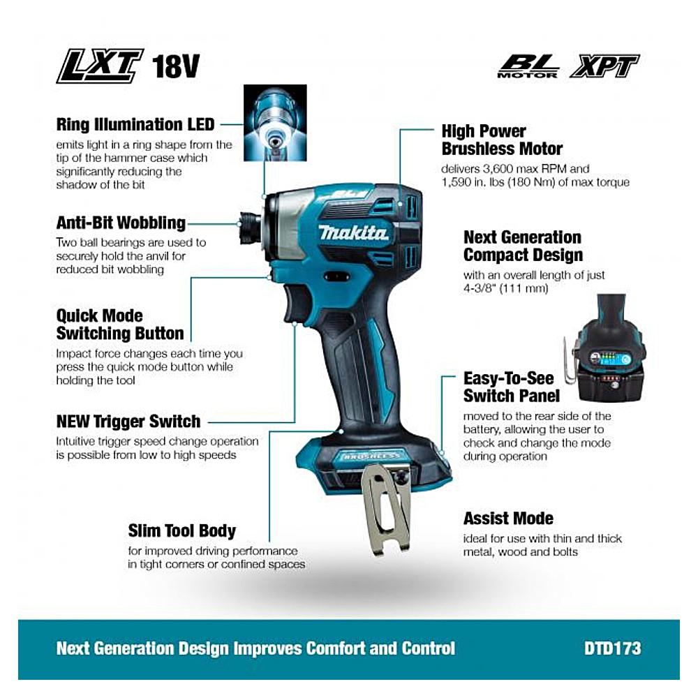 สว่านไขควงกระแทกไร้สาย MAKITA DTD173Z 18V มอเตอร์ไร้แปรงถ่าน แรงบิด 180 นิวตันเมตร (ตัวเปล่า)