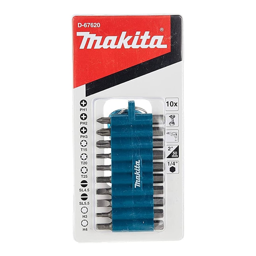 ชุดดอกไขควง MAKITA D-67620 ขนาด 1/4 นิ้ว PH1, PH2, PH3 x 50 มม. (10 ชิ้น)