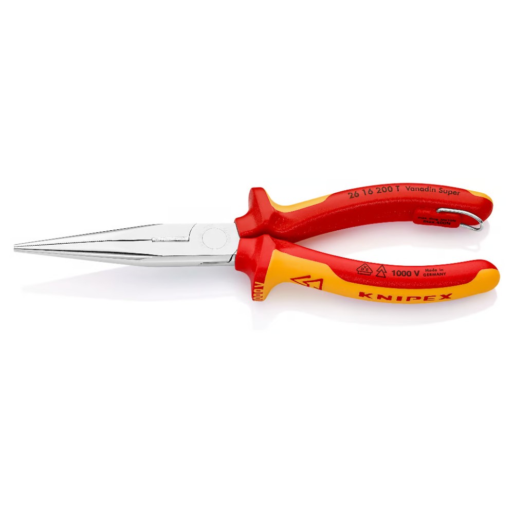 คีมปากแหลม Knipex 26 16 200 T ปลายงอ ด้าม VDE มีห่วงคล้องสาย 200 mm