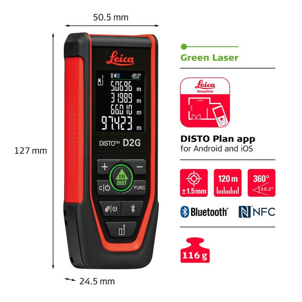 เครื่องวัดระยะเลเซอร์ Leica DISTO D2G Laser Distance Meter ระยะการวัด 120 เมตร  แสงเลเซอร์สีเขียว