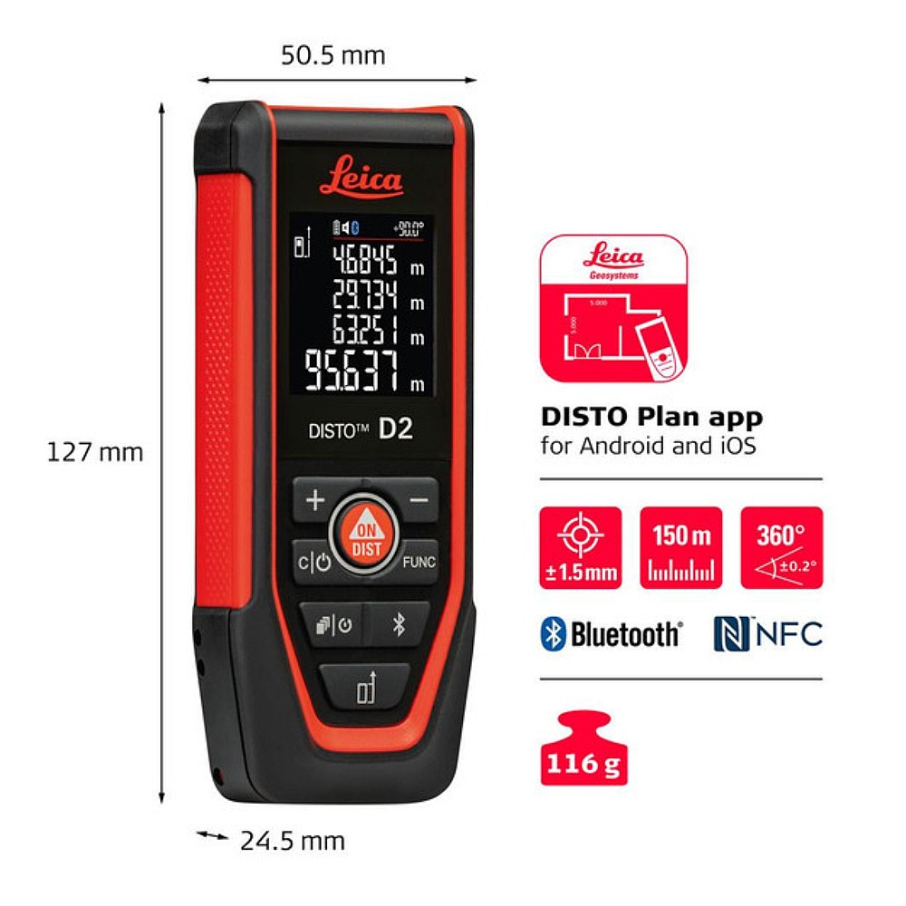 เครื่องวัดระยะเลเซอร์ Leica DISTO D2 Laser Distance Meter ระยะการวัด 150 เมตร  แสงเลเซอร์สีแดง