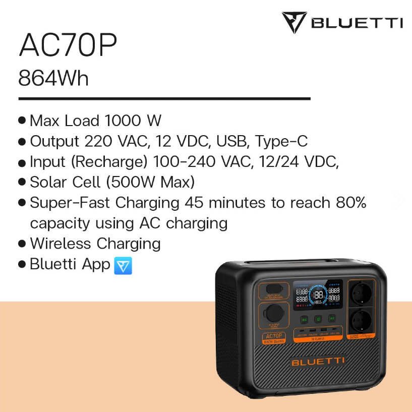 เครื่องปั่นไฟ พาวเวอร์บ๊อก BLUETTI AC70P Portable Power Station 1000W 864Wh
