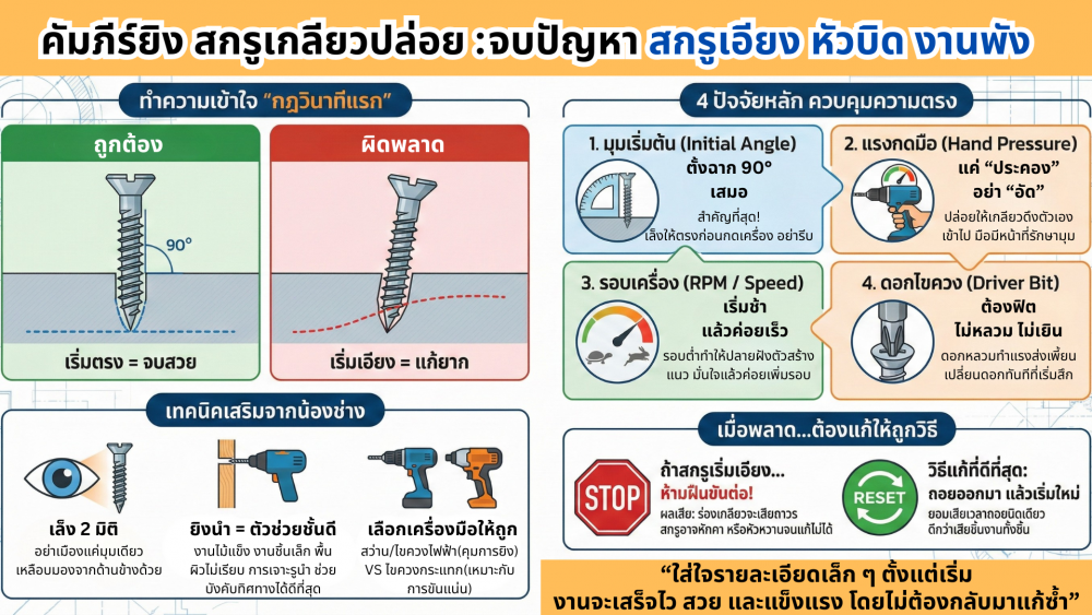 ยิง สกรูเกลียวปล่อย ให้ตรง ไม่เอียง ต้องดูอะไรบ้าง