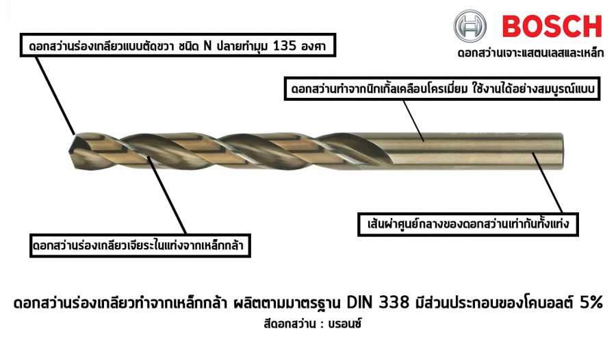 ชุดดอกสว่านโลหะ BOSCH HSS-G 5 ชิ้น, DIN 338 ขนาด 2 - 6 มม. Metal drill bit set
