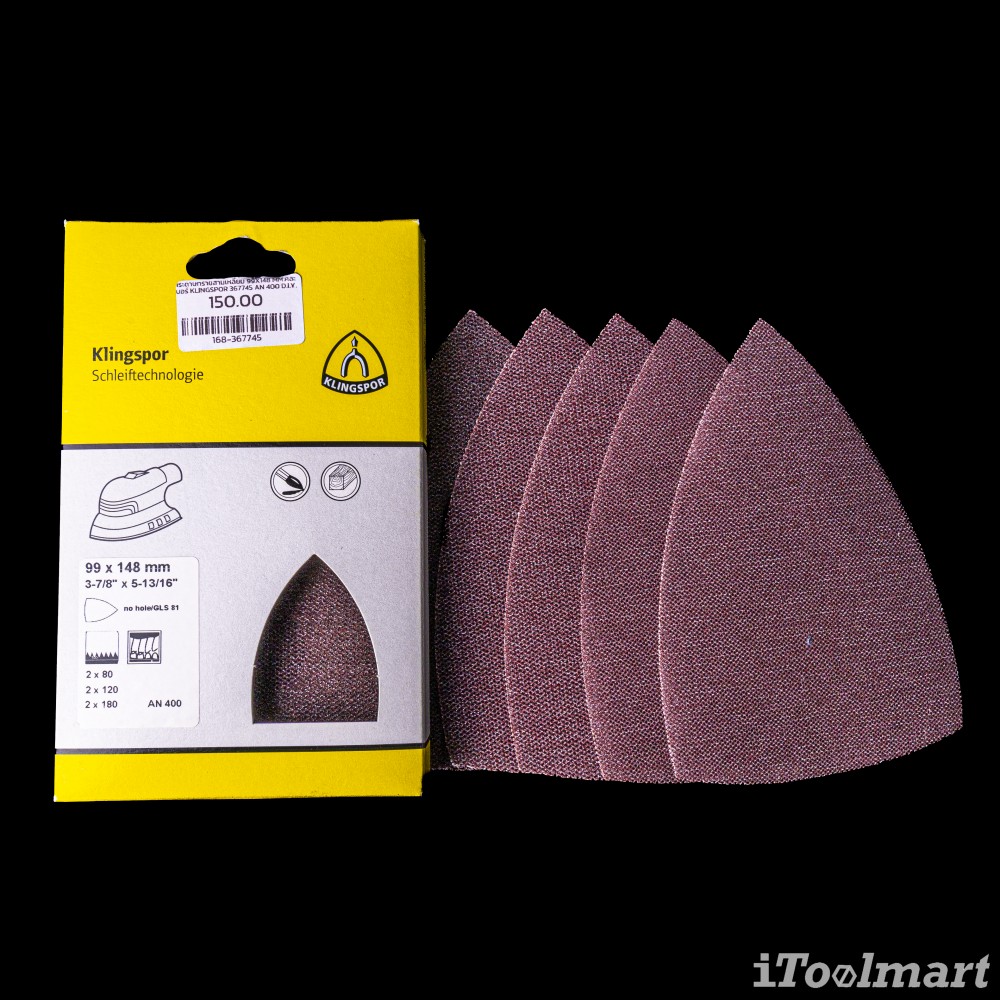 กระดาษทรายสามเหลี่ยม 99x148 mm.คละเบอร์ Klingspor 367745 AN 400 D.I.Y. 6 ชิ้น
