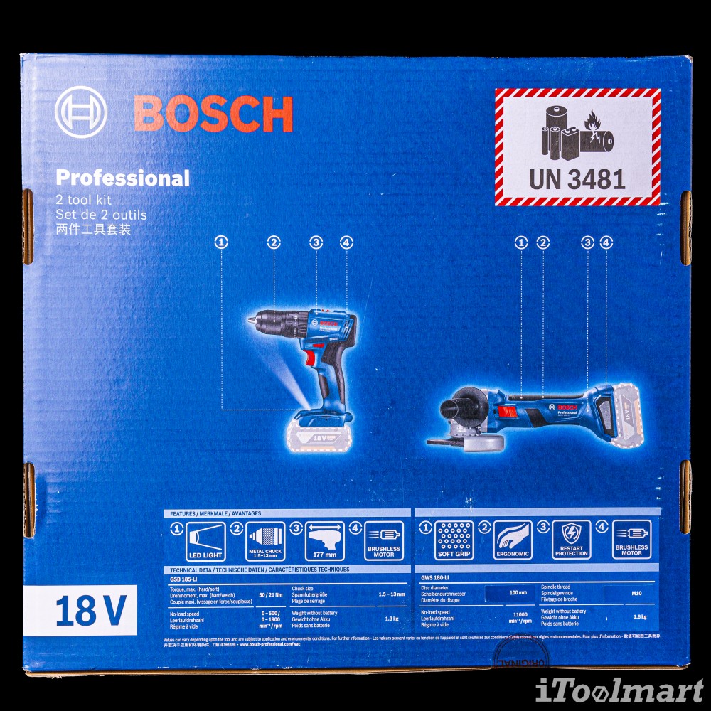 ชุดสุดคุ้ม สว่านกระแทกไร้สาย BOSCH GSB 185-LI + เครื่องเจียรไร้สาย BOSCH GWS 180 LI (พร้อมแท่นชาร์จและเเบตเตอรี่)