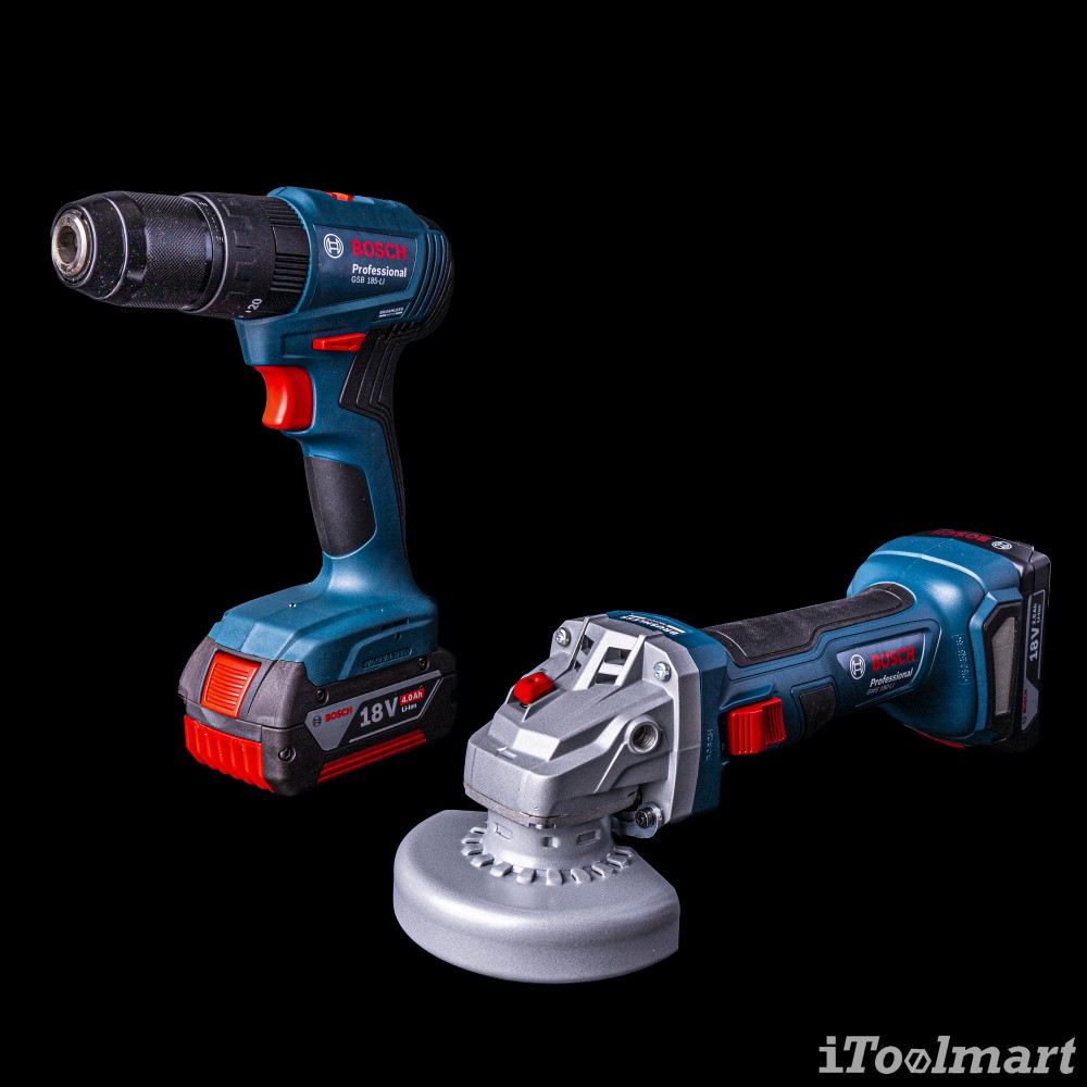 ชุดสุดคุ้ม สว่านกระแทกไร้สาย BOSCH GSB 185-LI + เครื่องเจียรไร้สาย BOSCH GWS 180 LI (พร้อมแท่นชาร์จและเเบตเตอรี่)
