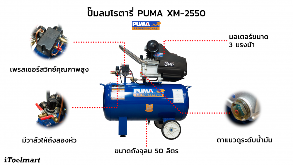 ปั๊มลมโรตารี่ PUMA XM-2550 ขนาดถัง 50 ลิตร 3 HP