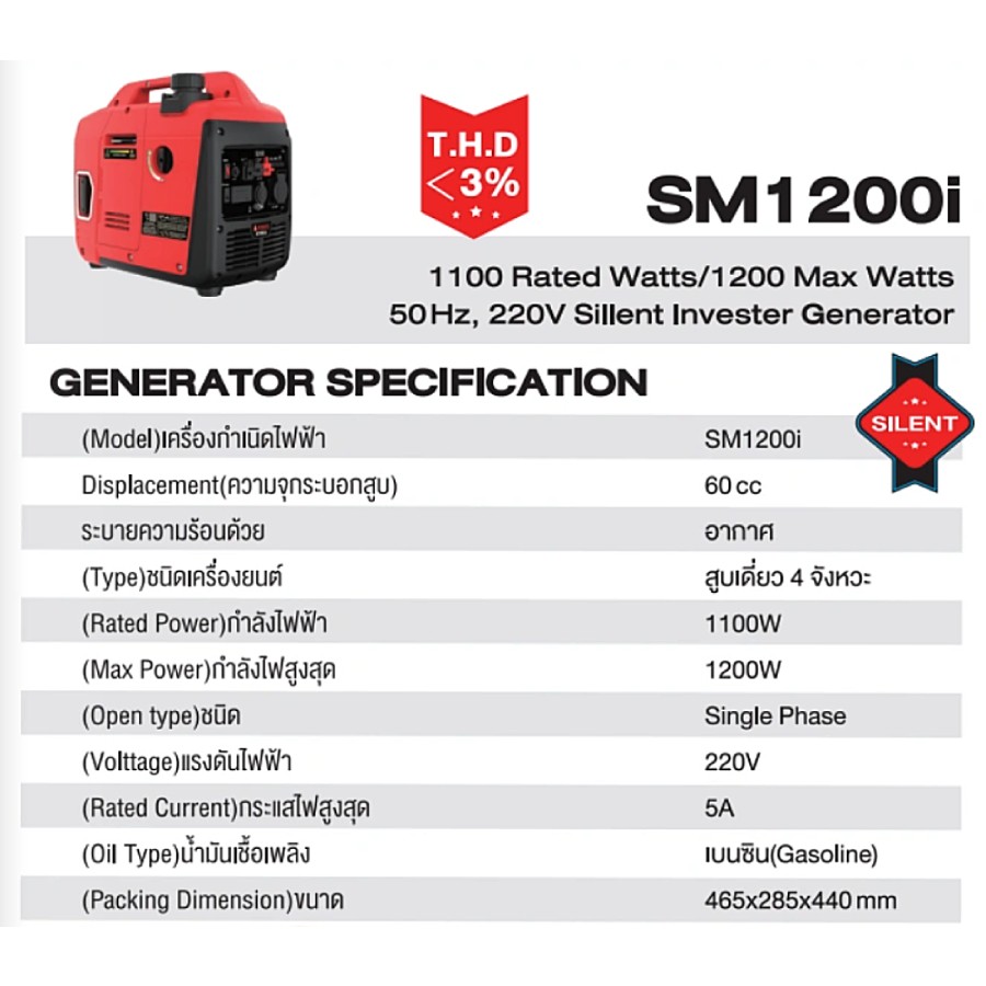 เครื่องกำเนิดไฟฟ้า อินเวอร์เตอร์ AiPOWER SM1200i 220V / 50Hz กำลังไฟสูงสุด 1200
