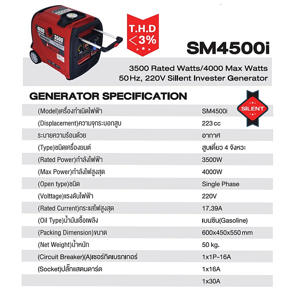 เครื่องกำเนิดไฟฟ้า อินเวอร์เตอร์ AiPOWER SM4500i 220V/50Hz กำลังไฟสูงสุด 4000W