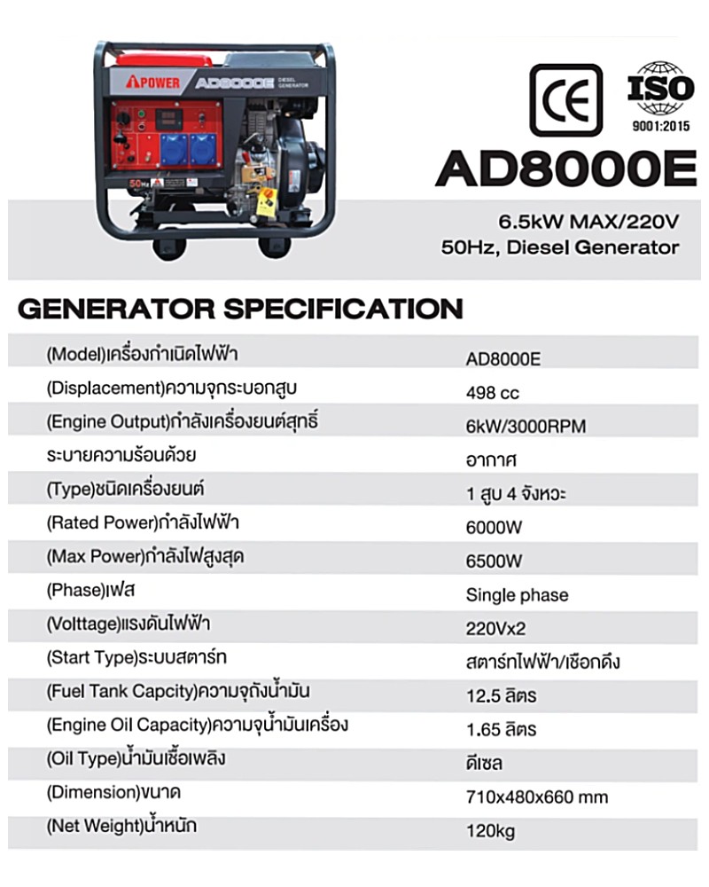 เครื่องปั่นไฟ ดีเซล AiPOWER AD8000E Open type กำลังไฟสูงสุด 6.5 kW