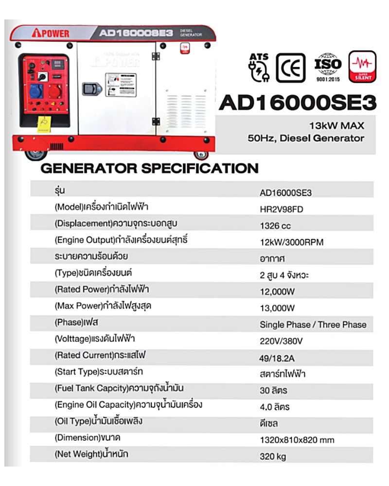 เครื่องปั่นไฟ ดีเซล AiPOWER AD16000SE3 Silent กำลังไฟสูงสุด 13.0 kW