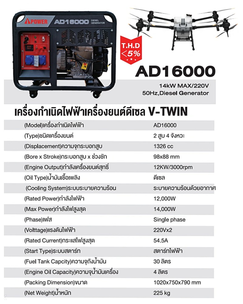 เครื่องปั่นไฟ ดีเซล AiPOWER AD16000 Open type กำลังไฟสูงสุด 14.0 kW