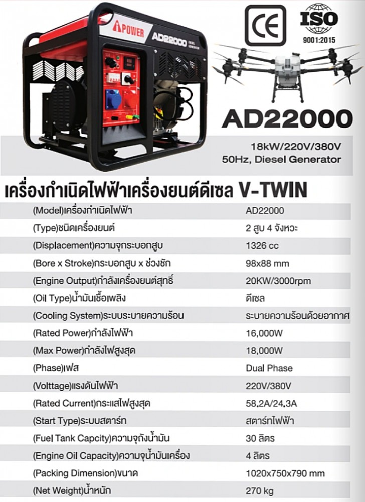 เครื่องปั่นไฟ ดีเซล V-TWIN AiPOWER AD22000 Open type กำลังไฟสูงสุด 18.0 kW