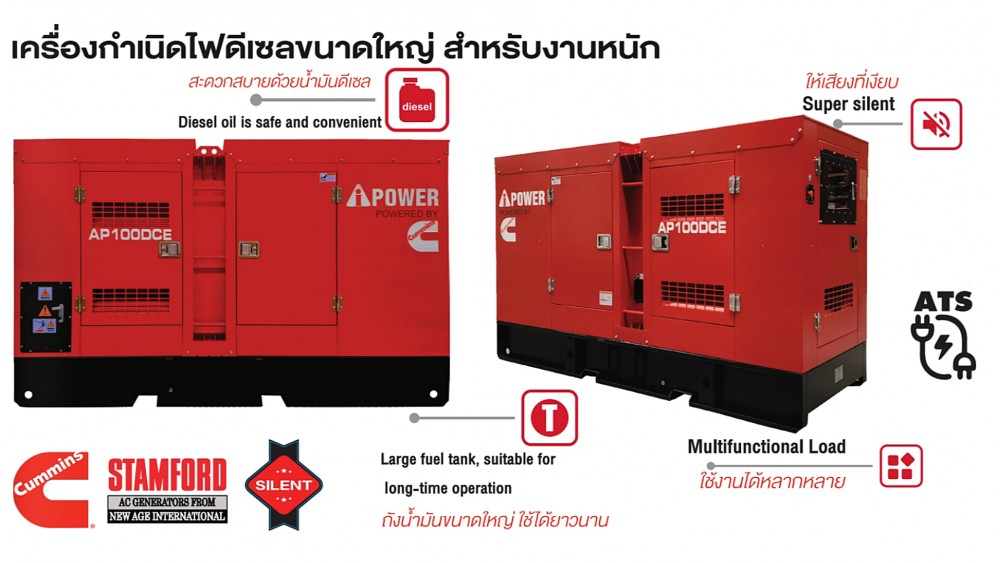 เครื่องปั่นไฟ ดีเซล ขนาดใหญ่ AiPOWER AP100DCE สำหรับงานหนัก กำลังไฟสูงสุด 88.0 kW