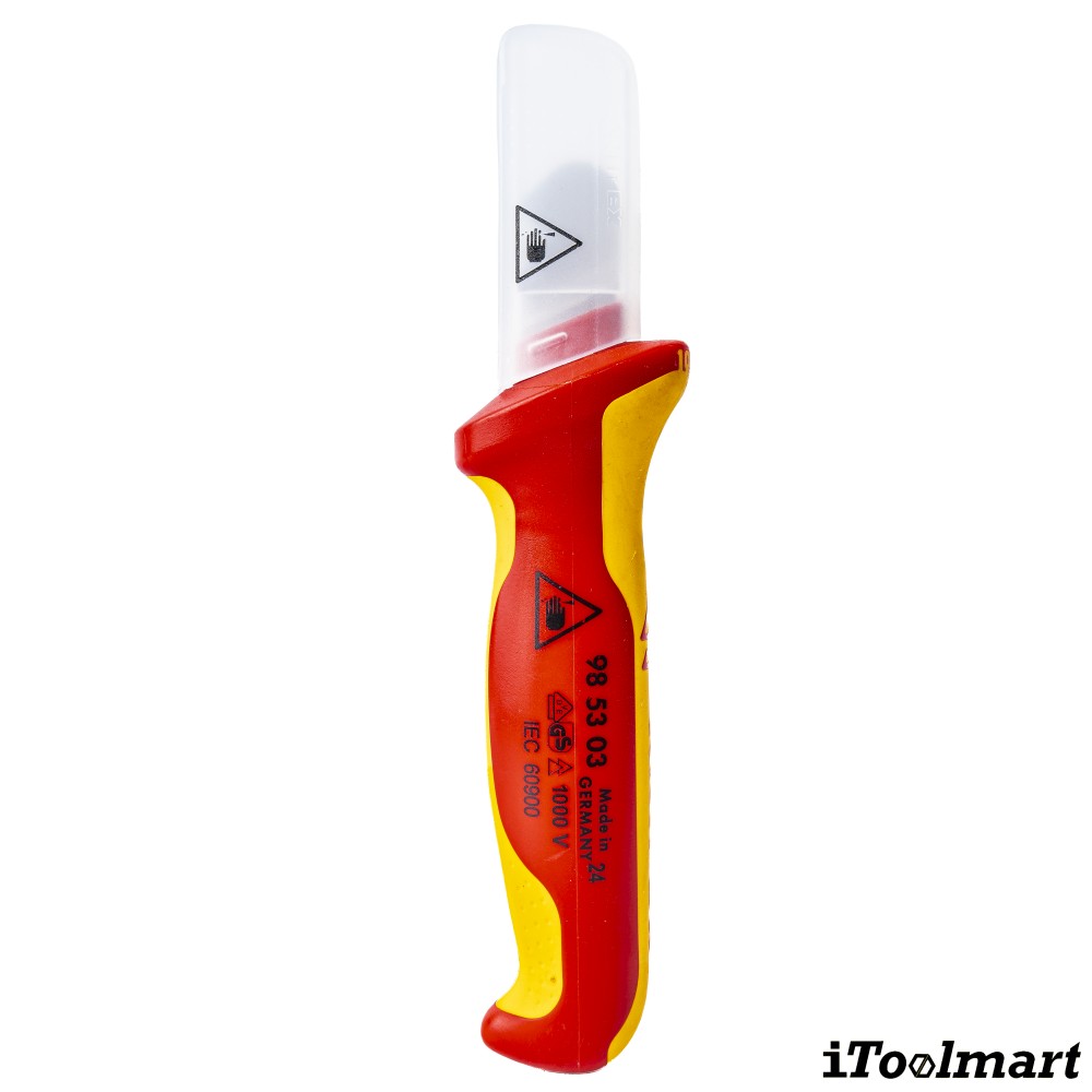 มีดปอกสายไฟ  ด้ามหุ้มฉนวนกันไฟ  KNIPEX 98 53 03  Dismantling Knife for round cables  ด้าม VDE