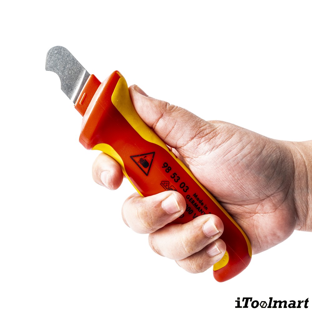 มีดปอกสายไฟ  ด้ามหุ้มฉนวนกันไฟ  KNIPEX 98 53 03  Dismantling Knife for round cables  ด้าม VDE