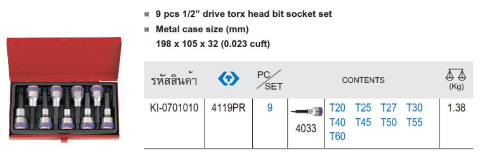 ชุดลูกบล็อก KINGTONY 4120PR ขนาด 1 2 นิ้ว จำนวน 9 ชิ้น