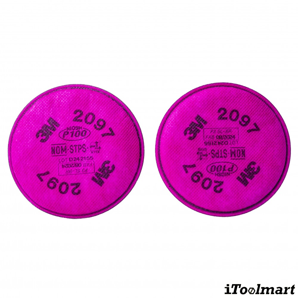 แผ่นกรองสารเคมี 3M อนุภาค P100 พร้อมชั้นคาร์บอน 2097 สำหรับป้องกันไอระเหยสารอินทรีย์ระดับเจือจาง  2 ชิ้น  7000008666