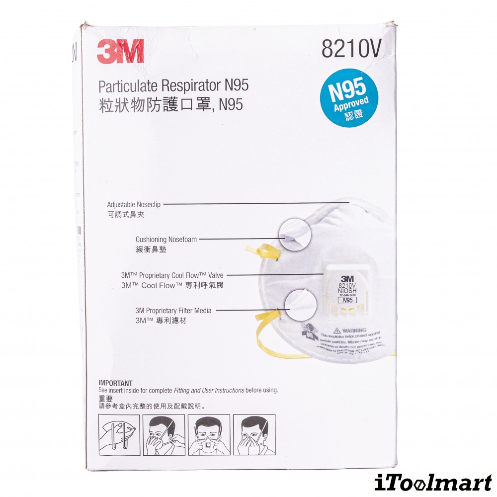 ผ้าปิดจมูก 3M 8210V หน้ากาก N95 มีวาล์ว หน้ากากกรองฝุ่น กล่องละ 10 ชิ้น